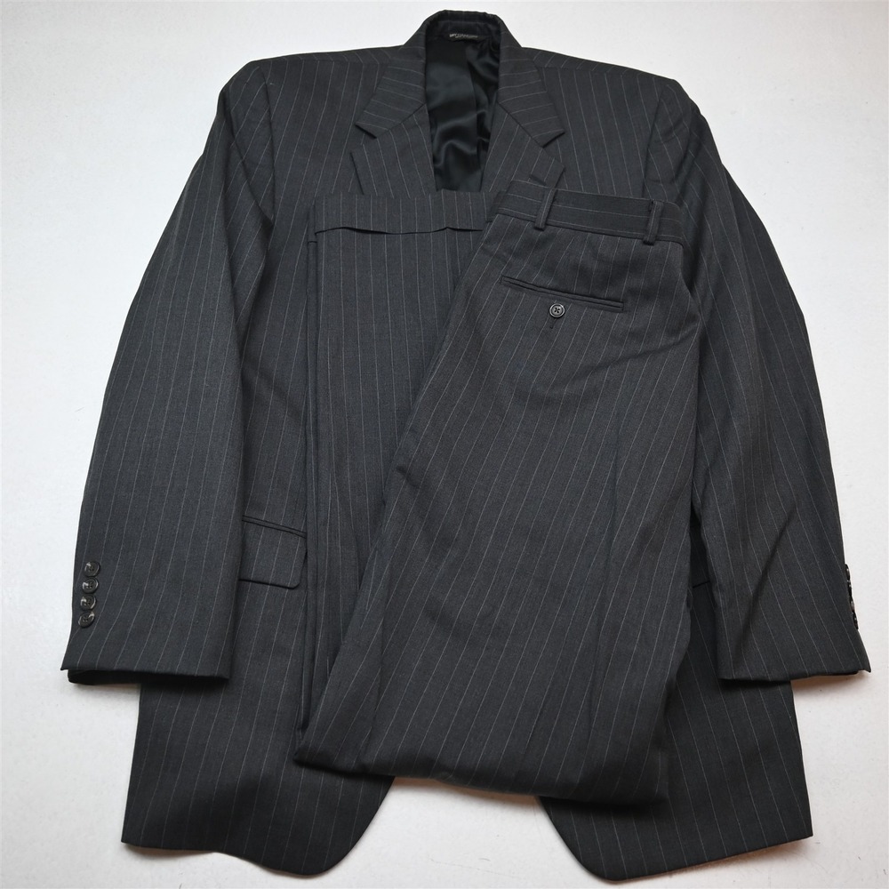 Chaps Ralph Lauren 42L 36x34 Gray Striped 100% Wool Strong Shoulder Mens Suit